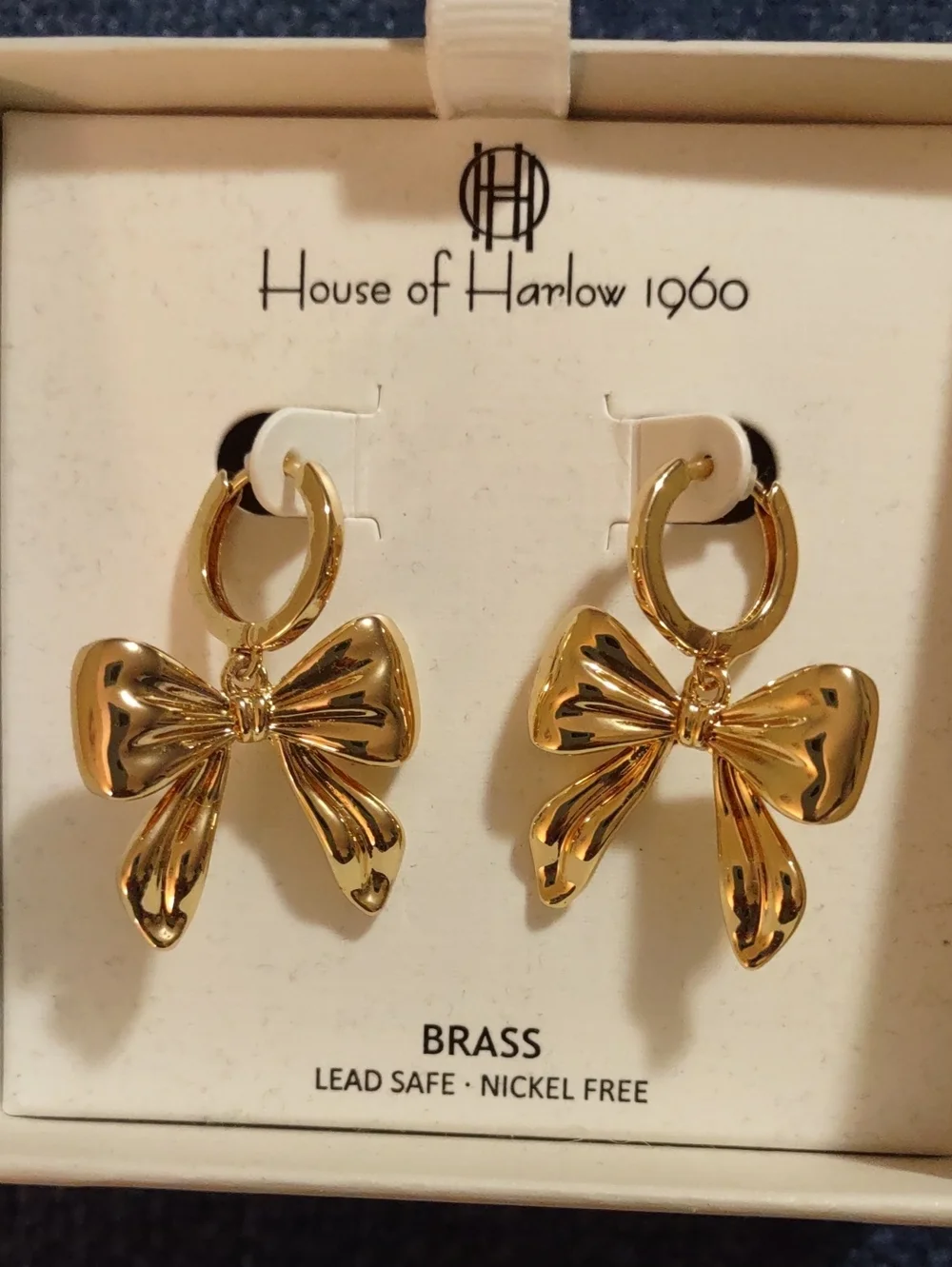 NWT House of Harlow 1960 Gold Bow Charm Huggie Hoop Earrings Boxed